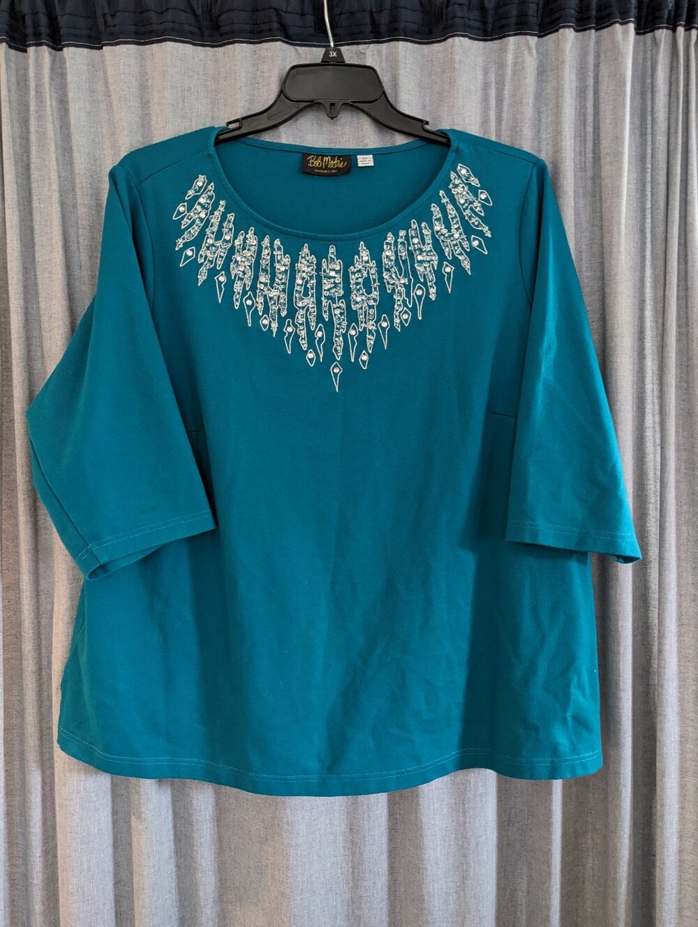 Bob Mackie Wearable Art Top Women's 2X Beaded Bling Jewel Green 3/4 Sleeve